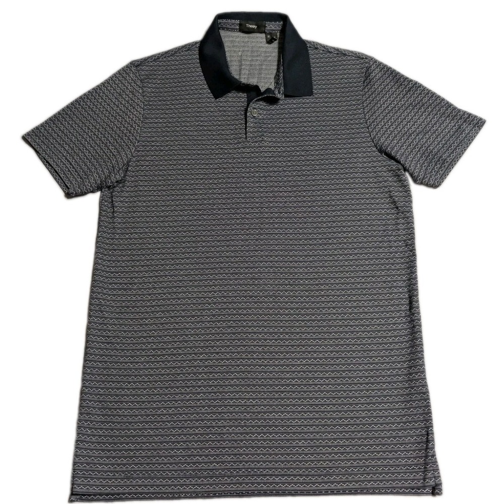 Theory Standard Polo Shirt Men Size M Navy Blue/White Sillar Jacquard Pattern